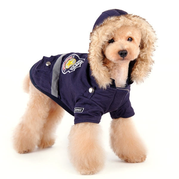 Blue police-style dog jacket with removable hood and buttoned front