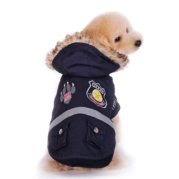 Navy police dog jacket with hood, K9 patch, and two front pockets