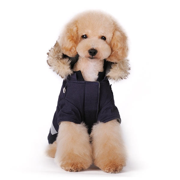 Navy police dog jacket with zip-front look, hood, and reflective chest stripe