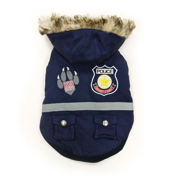 Navy dog jacket with fur-trim hood, Police K9 badge, and two snap pockets
