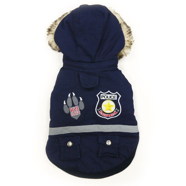 Navy dog jacket with hood, Police K9 crest, and reflective stripe across chest
