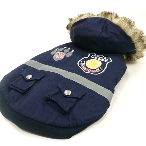 Navy police dog jacket laid flat with fur-trim hood and two snap pockets