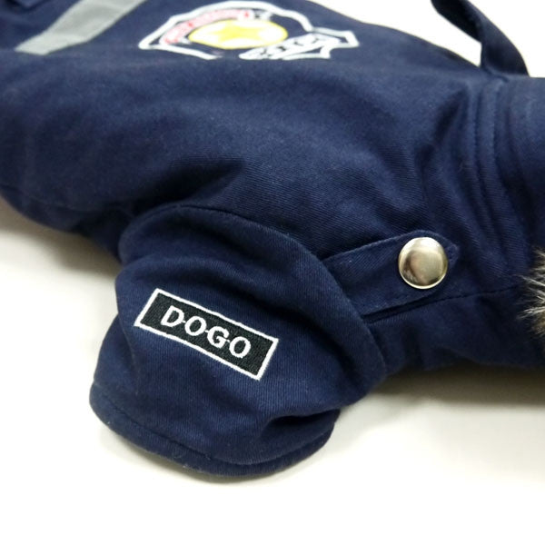 Dark blue dog jacket leg cuff with round snap and DOGGO patch