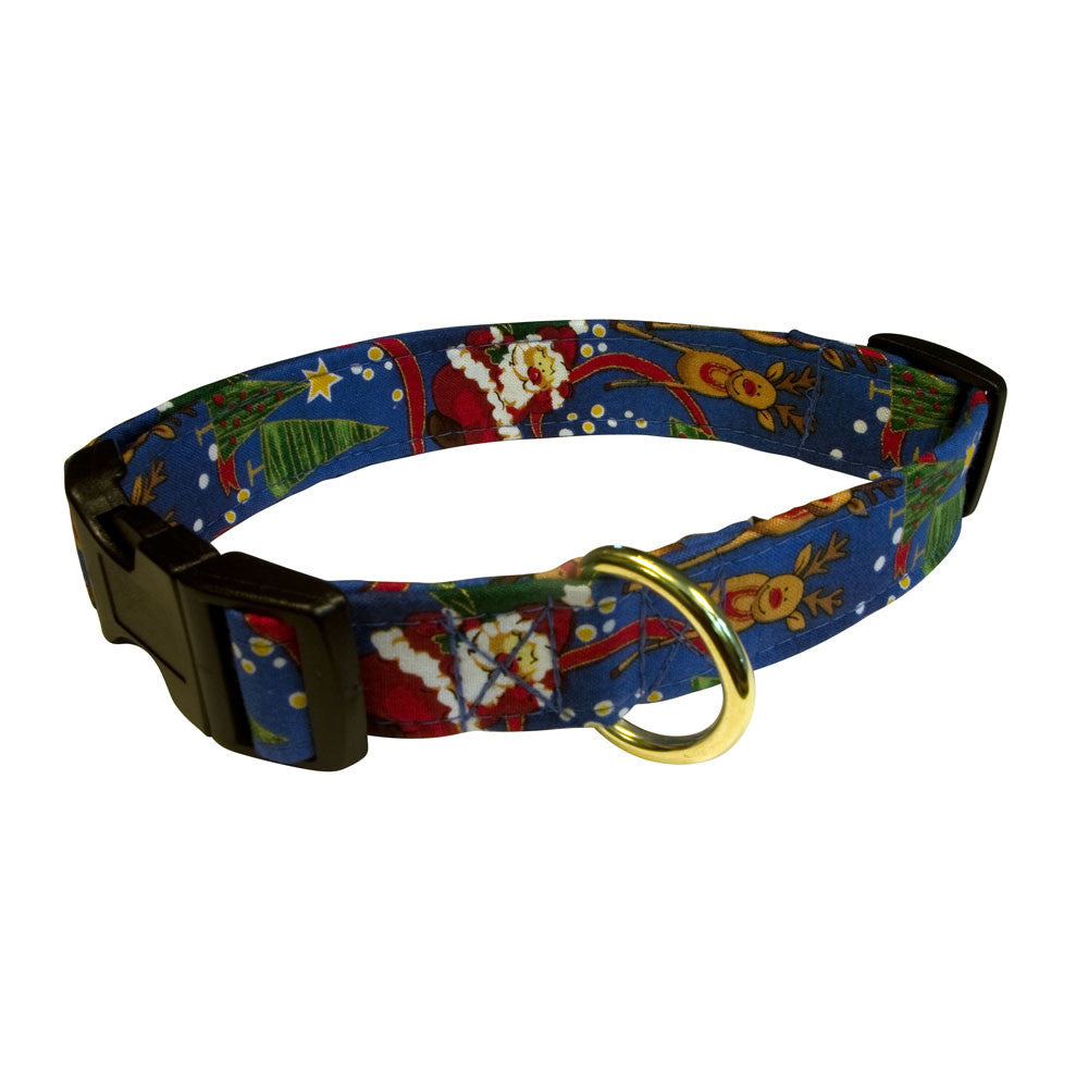 Christmas-themed dog collar with blue fabric print, gold D-ring and buckle