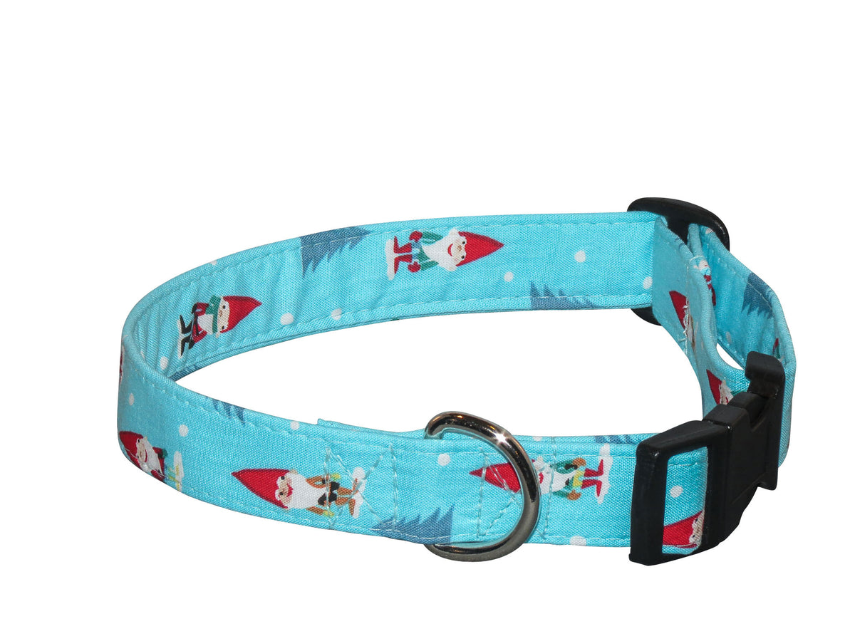 Turquoise dog collar with gnome print, metal D-ring and black plastic buckle.