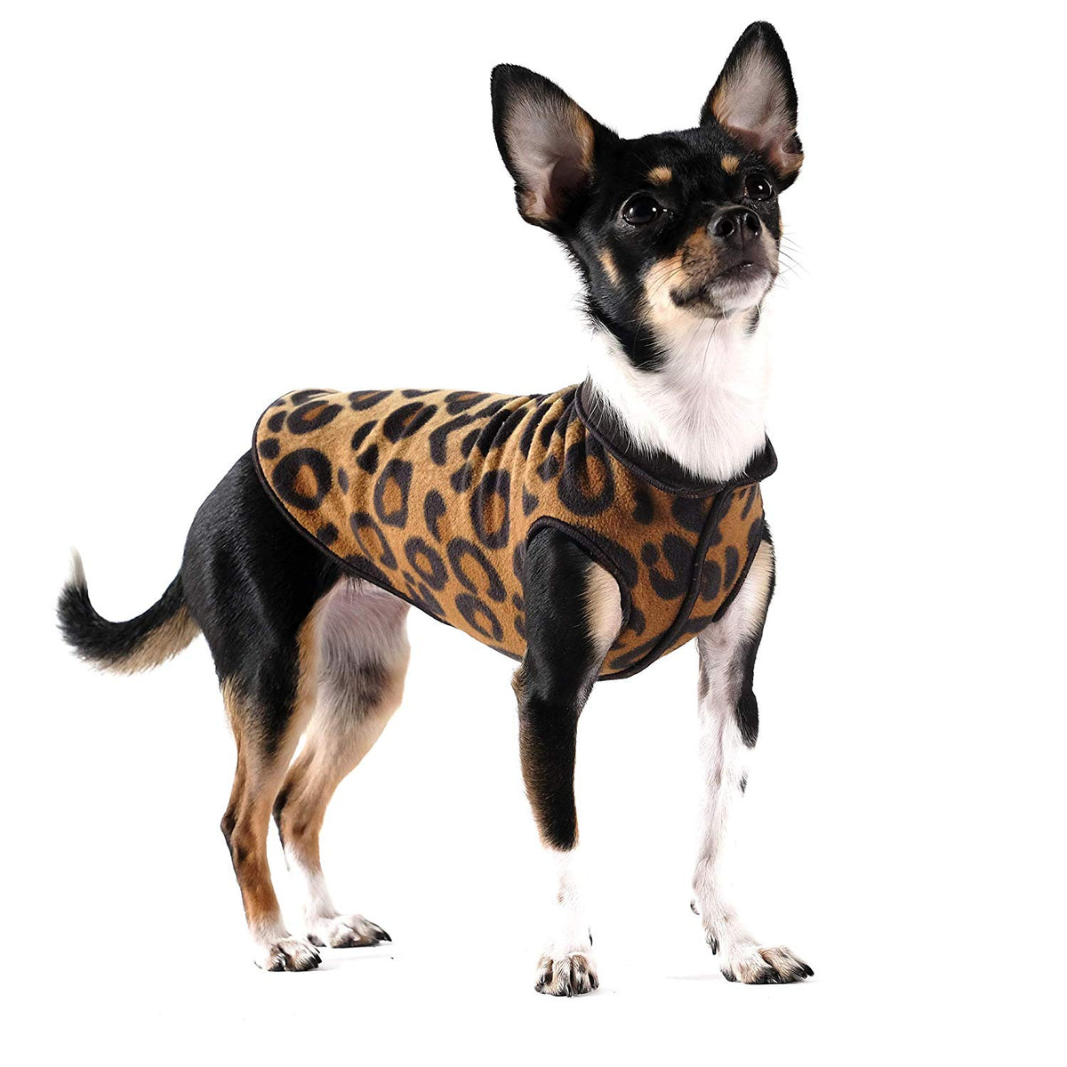 Dog double fleece pullover sweater in leopard print with black panels and high neck