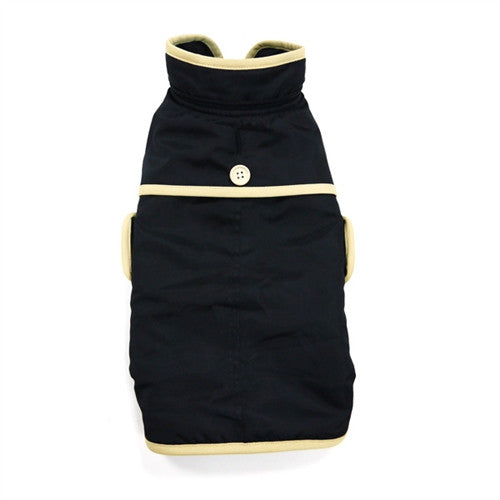Black dog trench-style coat with hood, light contrast trim and button, back view