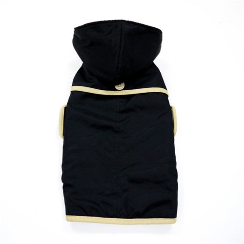 Black dog trench-style coat with hood, light contrast trim and hem, back view