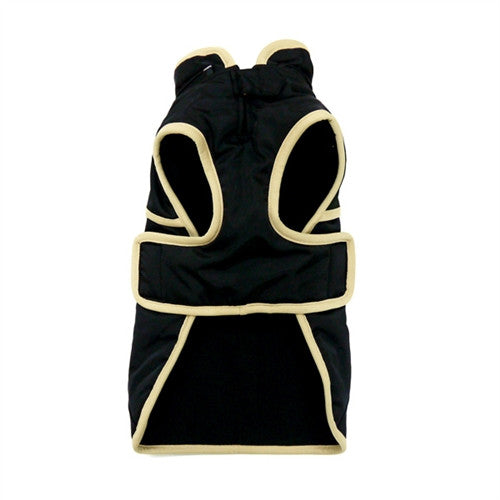 Black dog trench-style coat with hood, light contrast trim, back view
