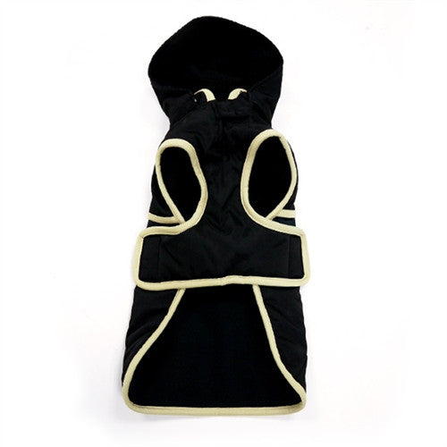 Black dog trench-style coat with hood, light contrast trim, front side view