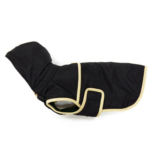 Black dog trench coat with tan trim, rounded back hem, and side coverage