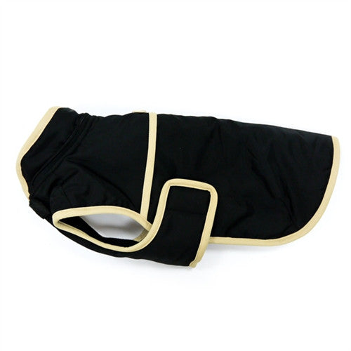Black dog rain coat with tan trim and leg-hole harness opening