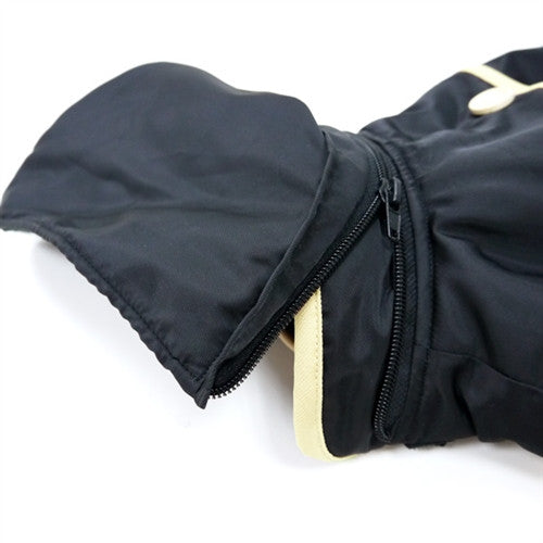Black dog coat with tan trim and visible zipper closure at the chest
