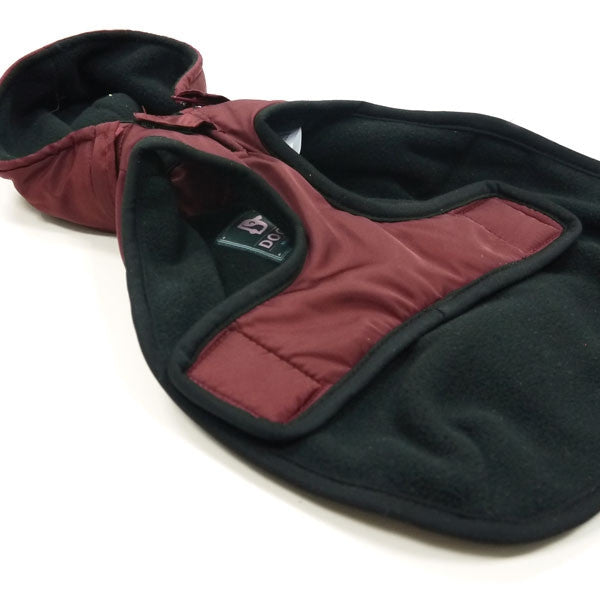 Maroon and black dog trench coat close-up of hood and chest panel seam