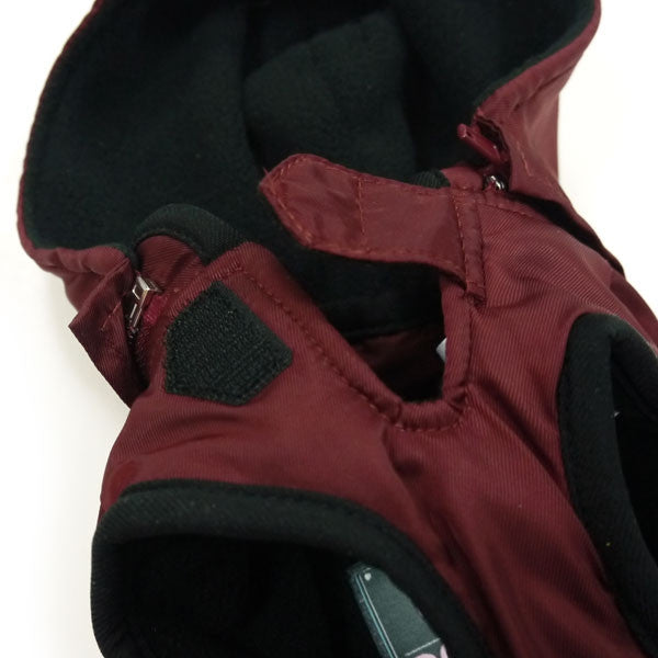 Maroon dog trench coat with dark hood lining and front zipper closure