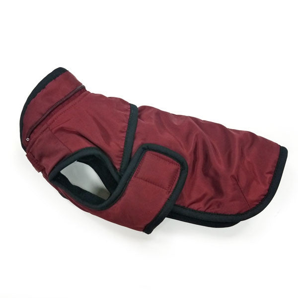 Maroon dog trench coat laid flat, black trim around side openings and hooded neck