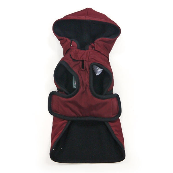 Maroon dog trench coat with hood and front zipper panel, back-to-front view