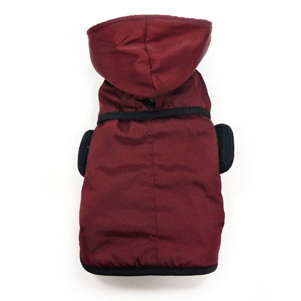 Maroon hooded dog trench coat with black side openings, back view