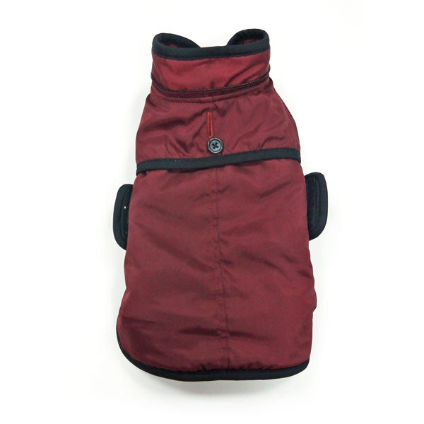 Maroon dog trench coat with hood and black trim, back view with logo button