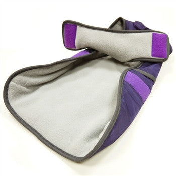 Purple hooded dog coat with gray interior panels and purple edge straps
