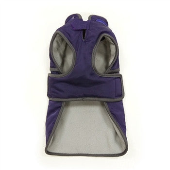 Purple dog hooded coat with gray-lined face openings and front panel