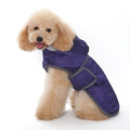 Purple hooded padded dog trench coat with gray trim on a small dog
