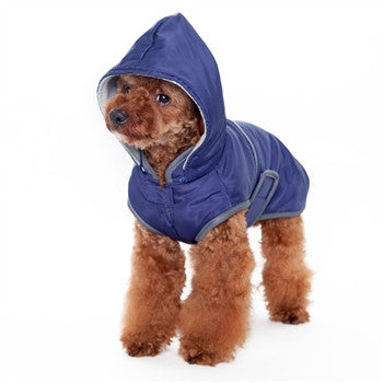 Purple hooded padded dog coat with front flap and gray trim