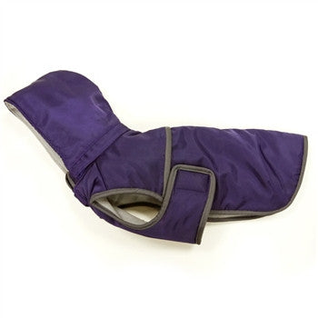 Folded purple dog hooded coat with gray-lined openings and front strap