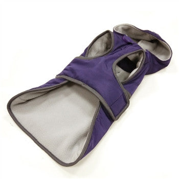 Purple dog hooded coat with gray interior lining and gray trim, laid flat
