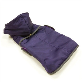 Purple dog hooded coat with gray trim and open hood, laid flat