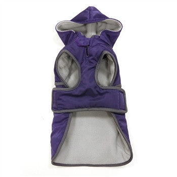 Purple hooded dog coat with two oval openings and gray lining