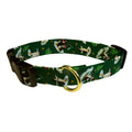 Elmo's Closet penguin winter vacation dog collar in dark green with gold buckle