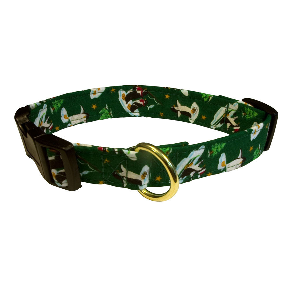 Elmo's Closet penguin winter vacation dog collar in dark green with gold buckle