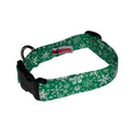 Green dog collar with white snowflake pattern and black buckle, featuring metal D-ring