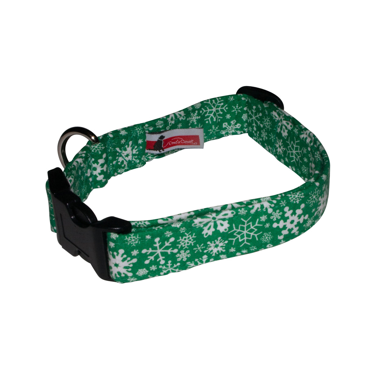 Green dog collar with white snowflake pattern and black buckle, featuring metal D-ring
