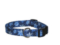 Blue snowflake dog collar with black buckle and round metal D-ring