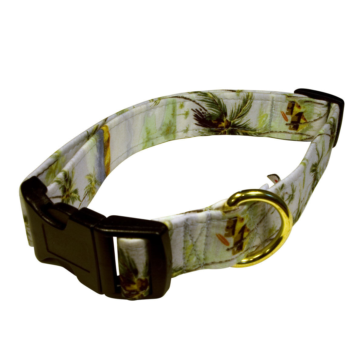 Island palm print dog collar with gold buckle and black plastic hardware