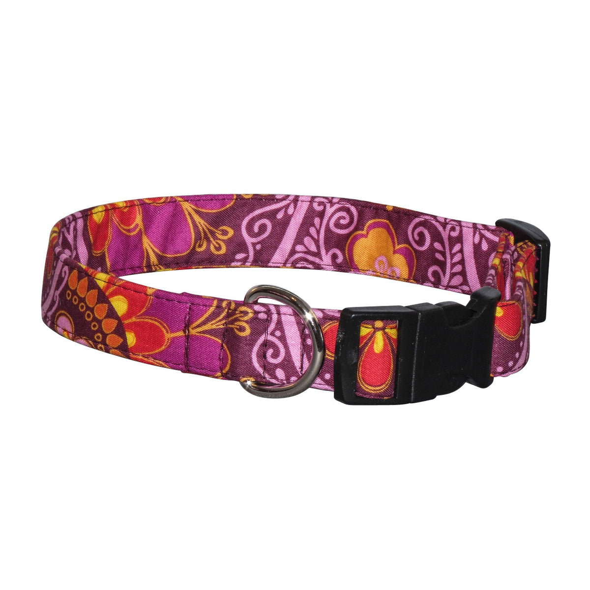 Purple and orange patterned dog collar with metal D-ring and black buckle