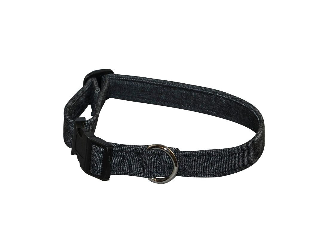 Black denim dog collar with adjustable buckle and metal D-ring