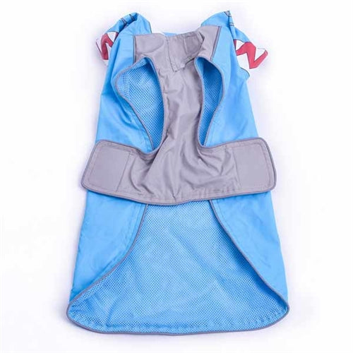 Blue dog raincoat laid flat with shark hood, gray chest area, and pockets