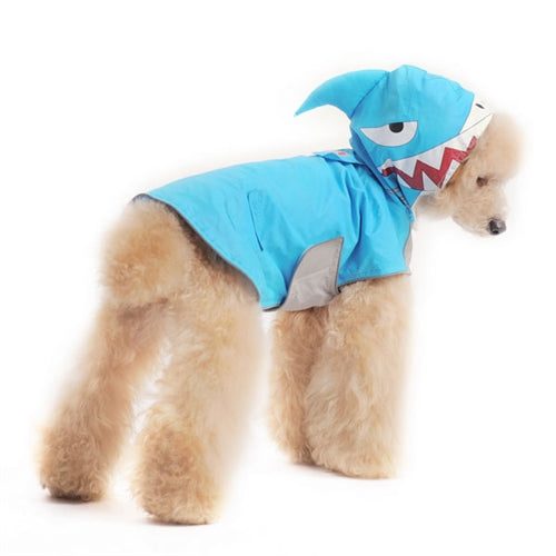 Blue shark-themed dog raincoat with hood, gray belly panels, and graphic fin