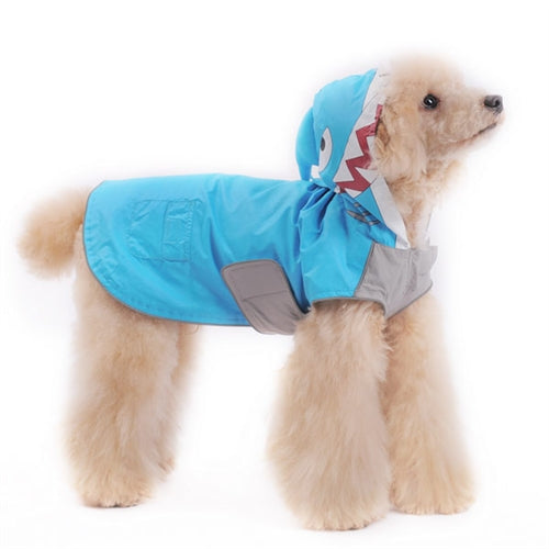 Blue shark dog raincoat with hood and gray side panels for full-body coverage