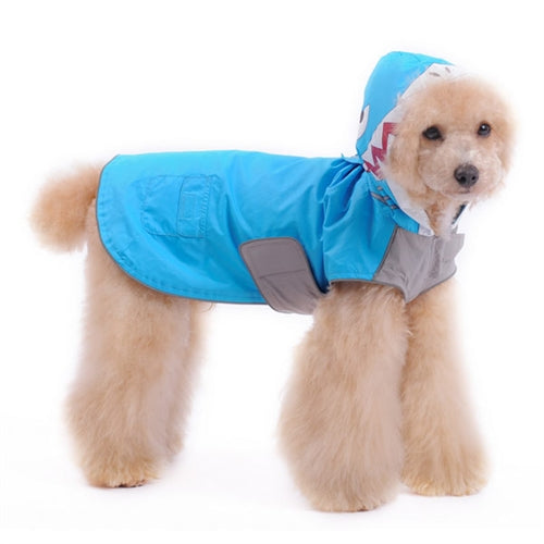 Blue shark dog raincoat with hood and gray accents, front-facing graphic