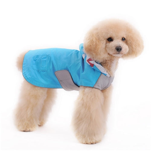 Blue shark-themed raincoat for dogs with gray belly panel and fitted hood