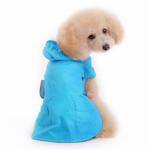 Blue dog raincoat with shark hood, gray trim, and front pocket details