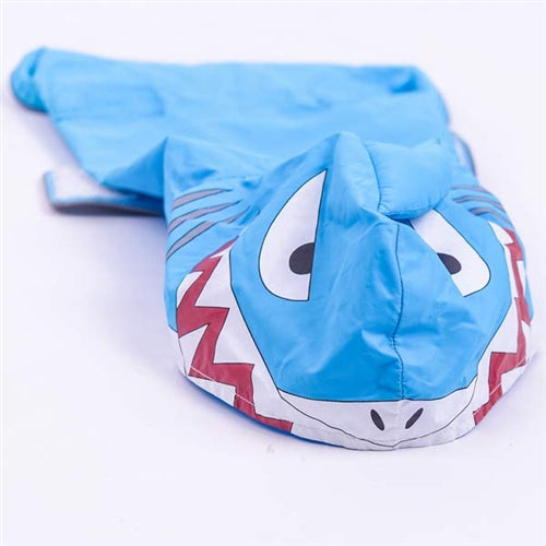 Close-up of shark graphic hood with blue fabric and multicolor fin artwork