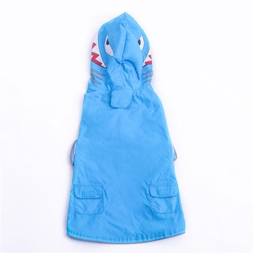 Blue shark-themed dog raincoat with hood and gray pocket accents on sides
