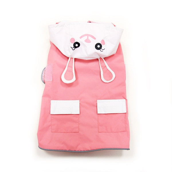 Pink and white bunny dog raincoat back with hood ears and drawstring loops