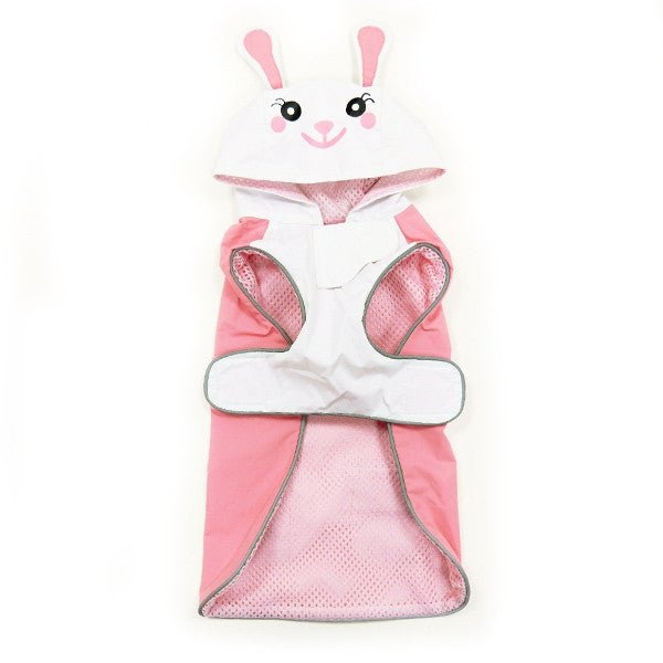 Pink and white bunny dog raincoat with hood face and two front pockets