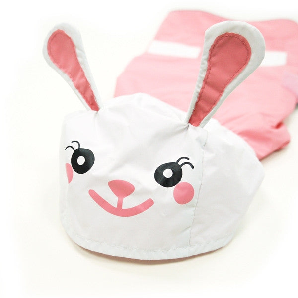 White and pink bunny hood raincoat with black-and-pink face on dog coat